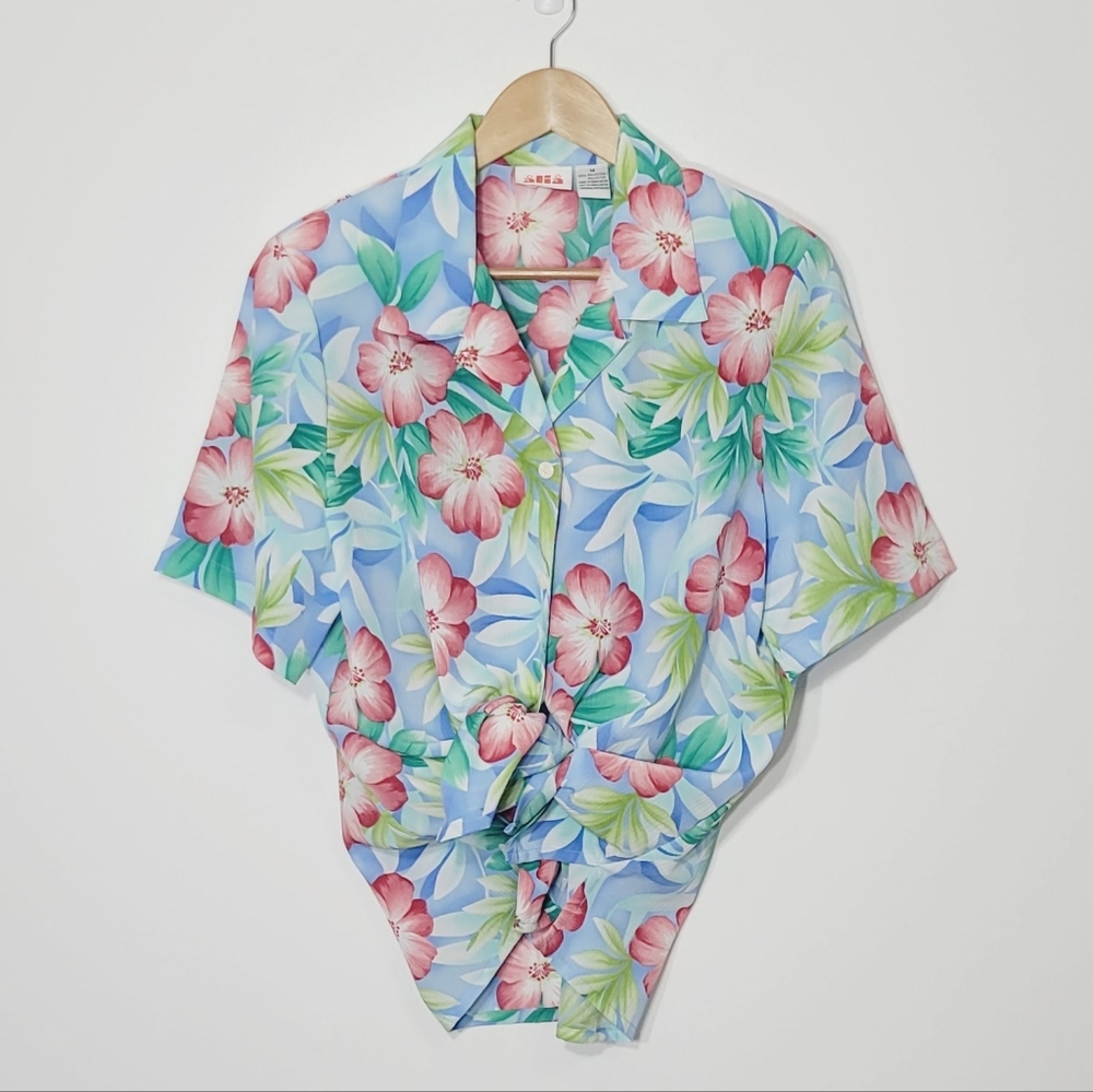 Vintage Alia Tropical Hawaiian Floral Pattern Button Down Blouse Loose Fit Sz 14